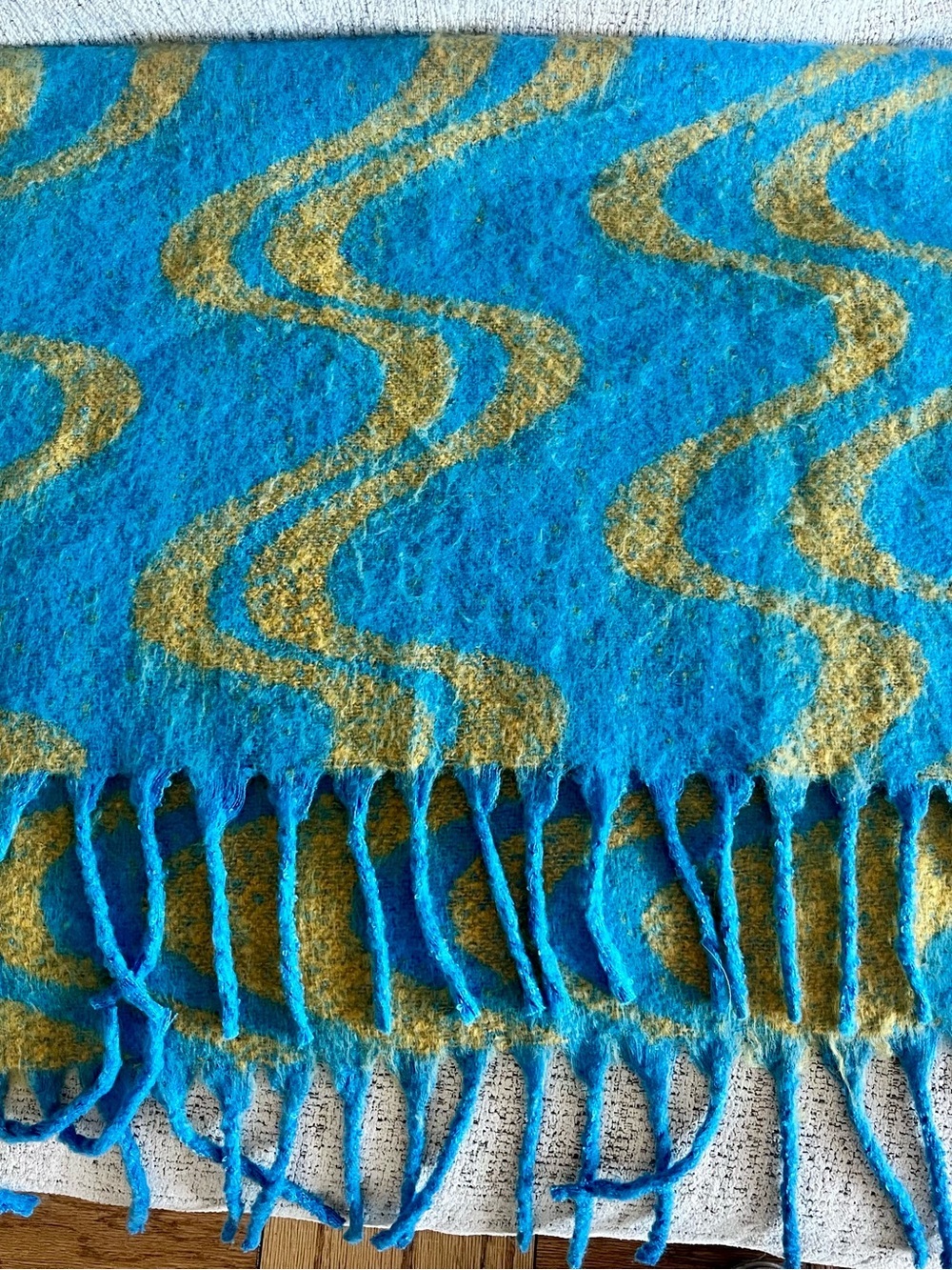 Urban Outfitters Blue and Mustard Wave Oversized Fringe Scarf - Picture 2 of 6